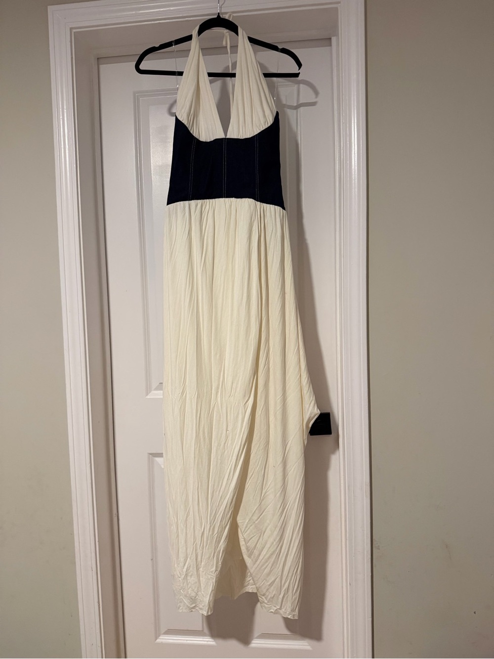 Fashion Nova Halter Two-Tone Maxi Dress in Ivory and Black